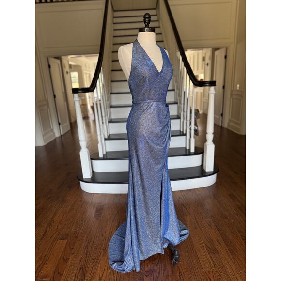 Special Occasion Prom Evening Wedding Formal Dress Halter Blue Shimmer Metallic - Picture 4 of 11